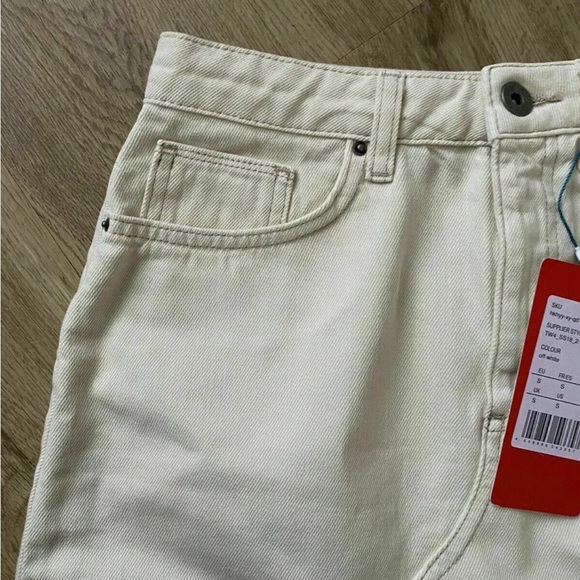TwinTip Denim Skirt Size S Raw Edges Cream A-line mini Skirt W26 - Picture 2 of 5